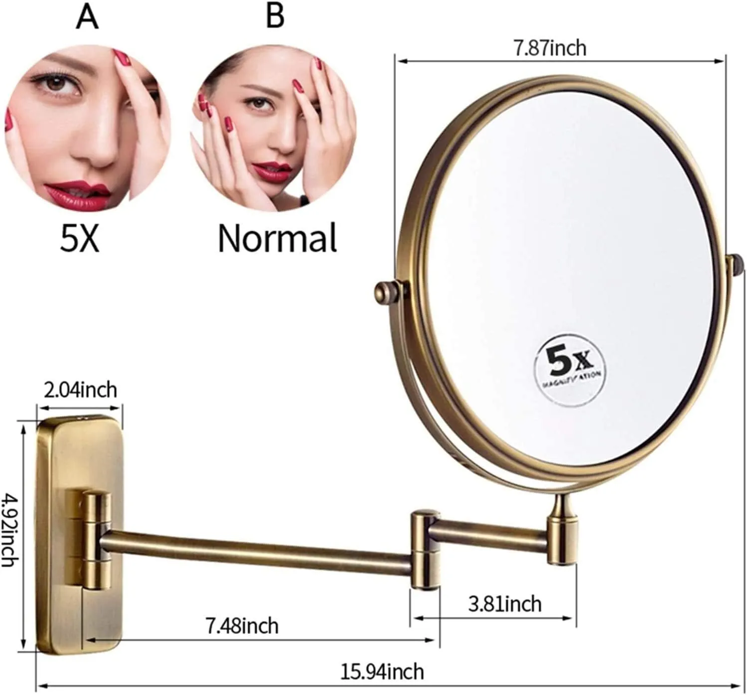 8 Inch Makeup Mirrors Double Sided Brass Magnifying Mirror Extendable Folding 360° Swivel Vanity Shaving Mirrors(2,7X)