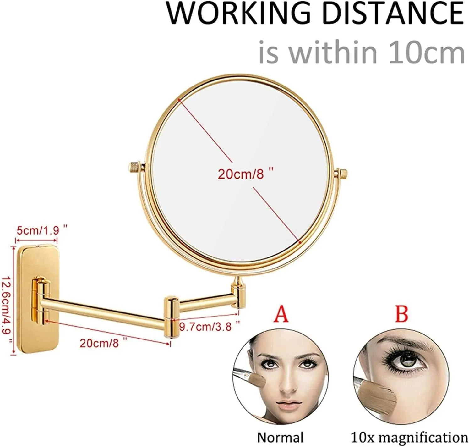 8 Inch Makeup Mirrors Double Sided Brass Magnifying Mirror Extendable Folding 360° Swivel Vanity Shaving Mirrors(2,7X)