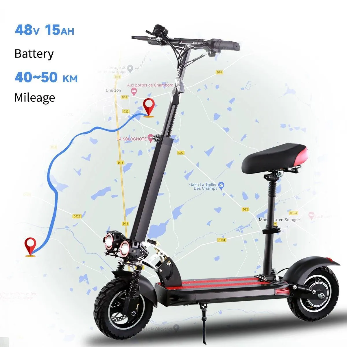 800W Powerful Electric Scooter 48V 15AH Max Speed 50KM/H 50KM Range 10'' Tires Dual Shock Absorbing Folding EScooter for Adults