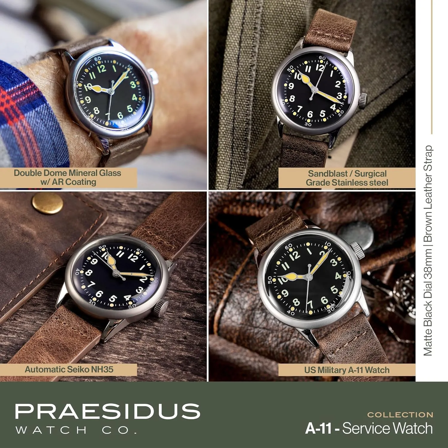 A-11 Service Watch Men's Military Automatic Watch, 38mm/42mm Stainless Steel Case, 50M Water Resistance, Black/Beige Dial with Green/White Lume, Black/Brown/Green Leather/Canvas/Nylon Strap, Combat Tactical Field Spec Ops Commemorative Vintage