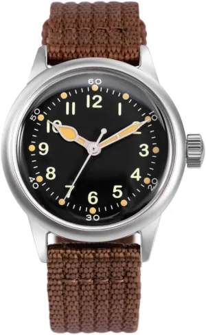 A-11 Service Watch Men's Military Automatic Watch, 38mm/42mm Stainless Steel Case, 50M Water Resistance, Black/Beige Dial with Green/White Lume, Black/Brown/Green Leather/Canvas/Nylon Strap, Combat Tactical Field Spec Ops Commemorative Vintage