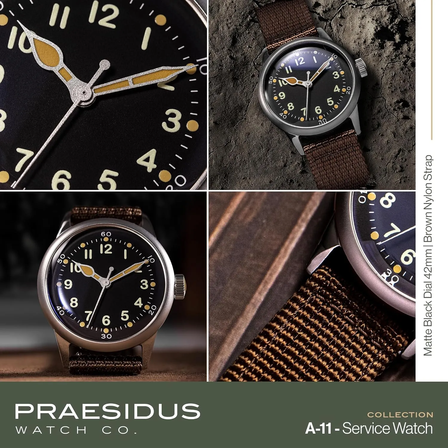A-11 Service Watch Men's Military Automatic Watch, 38mm/42mm Stainless Steel Case, 50M Water Resistance, Black/Beige Dial with Green/White Lume, Black/Brown/Green Leather/Canvas/Nylon Strap, Combat Tactical Field Spec Ops Commemorative Vintage