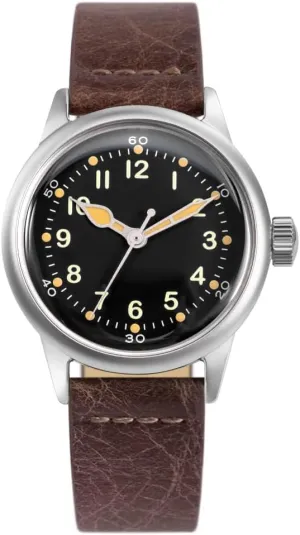 A-11 Service Watch Men's Military Automatic Watch, 38mm/42mm Stainless Steel Case, 50M Water Resistance, Black/Beige Dial with Green/White Lume, Black/Brown/Green Leather/Canvas/Nylon Strap, Combat Tactical Field Spec Ops Commemorative Vintage