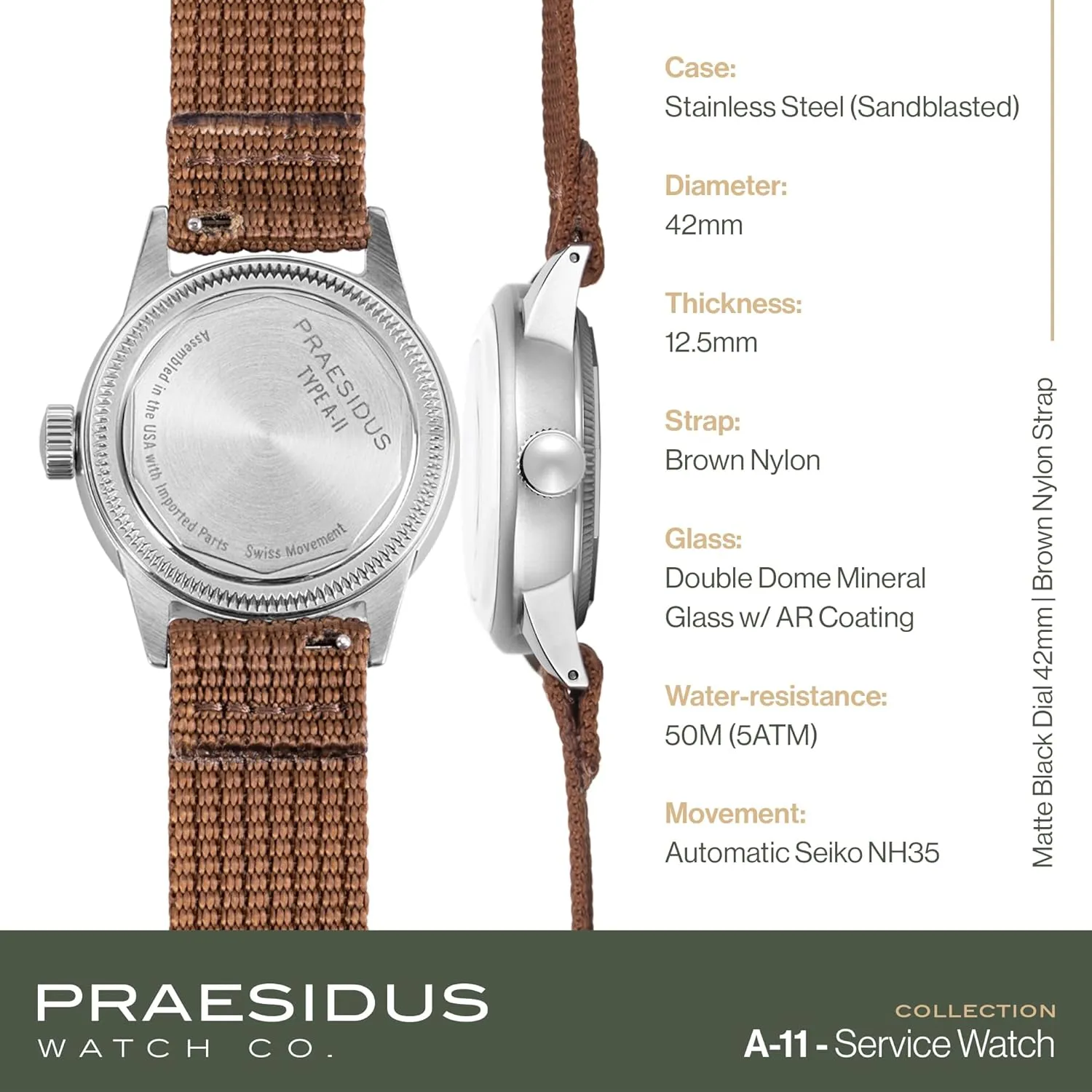 A-11 Service Watch Men's Military Automatic Watch, 38mm/42mm Stainless Steel Case, 50M Water Resistance, Black/Beige Dial with Green/White Lume, Black/Brown/Green Leather/Canvas/Nylon Strap, Combat Tactical Field Spec Ops Commemorative Vintage