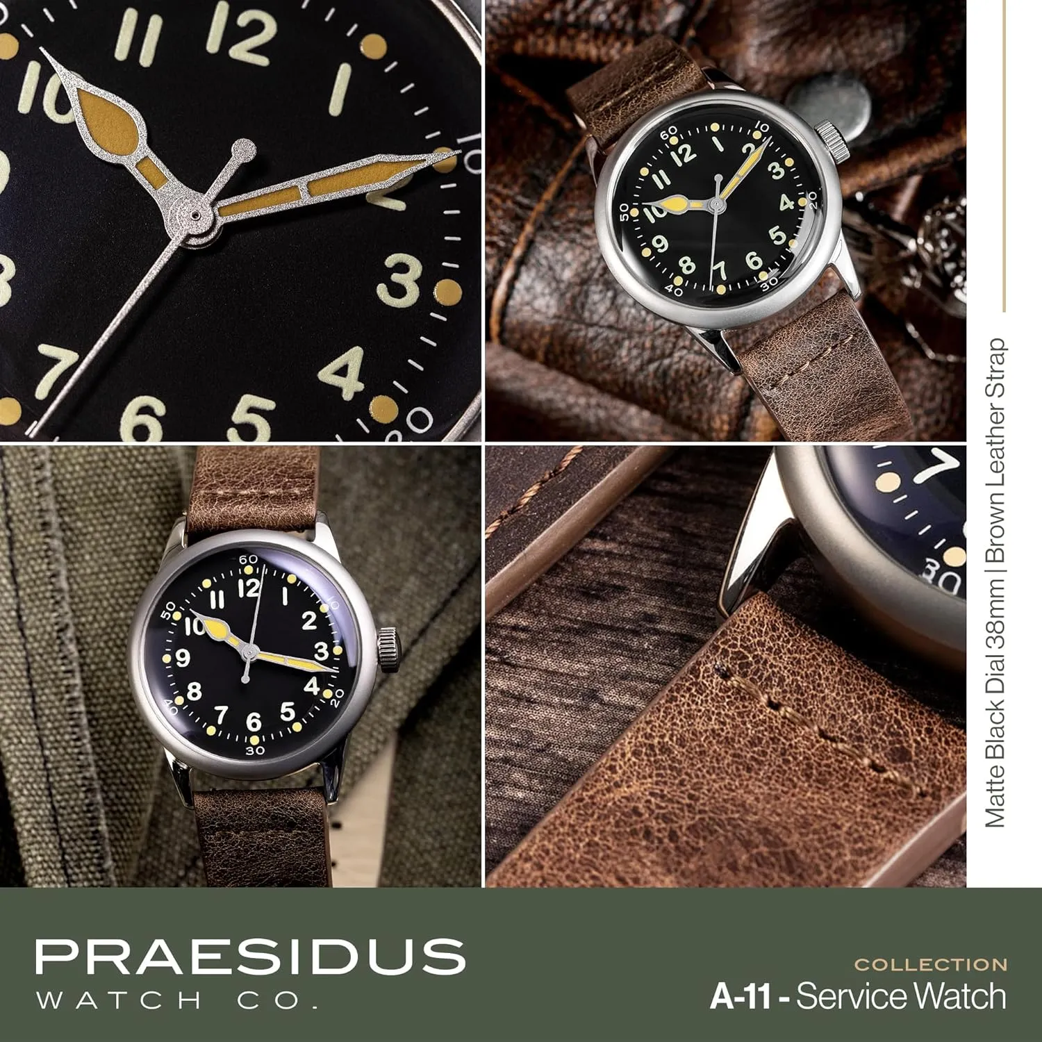 A-11 Service Watch Men's Military Automatic Watch, 38mm/42mm Stainless Steel Case, 50M Water Resistance, Black/Beige Dial with Green/White Lume, Black/Brown/Green Leather/Canvas/Nylon Strap, Combat Tactical Field Spec Ops Commemorative Vintage