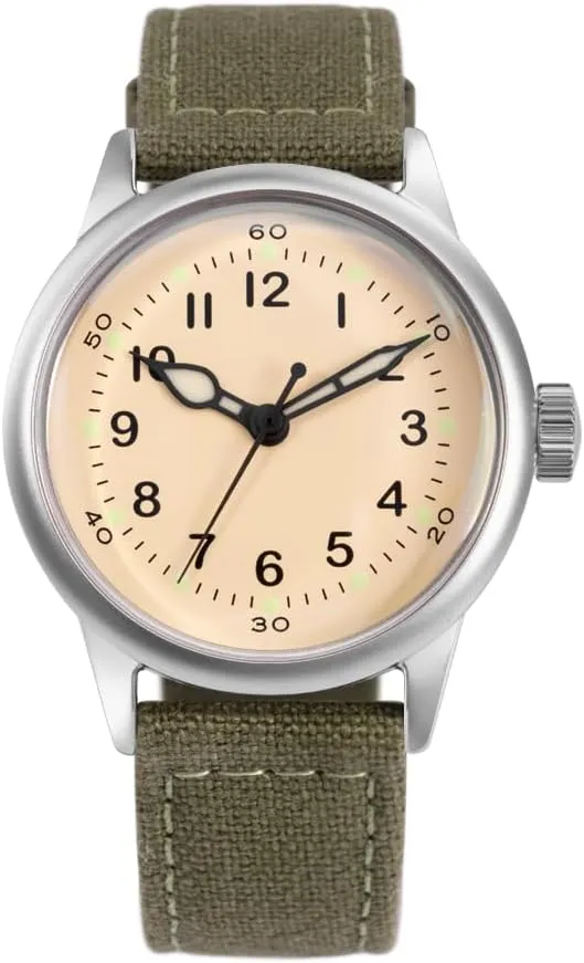 A-11 Service Watch Men's Military Automatic Watch, 38mm/42mm Stainless Steel Case, 50M Water Resistance, Black/Beige Dial with Green/White Lume, Black/Brown/Green Leather/Canvas/Nylon Strap, Combat Tactical Field Spec Ops Commemorative Vintage