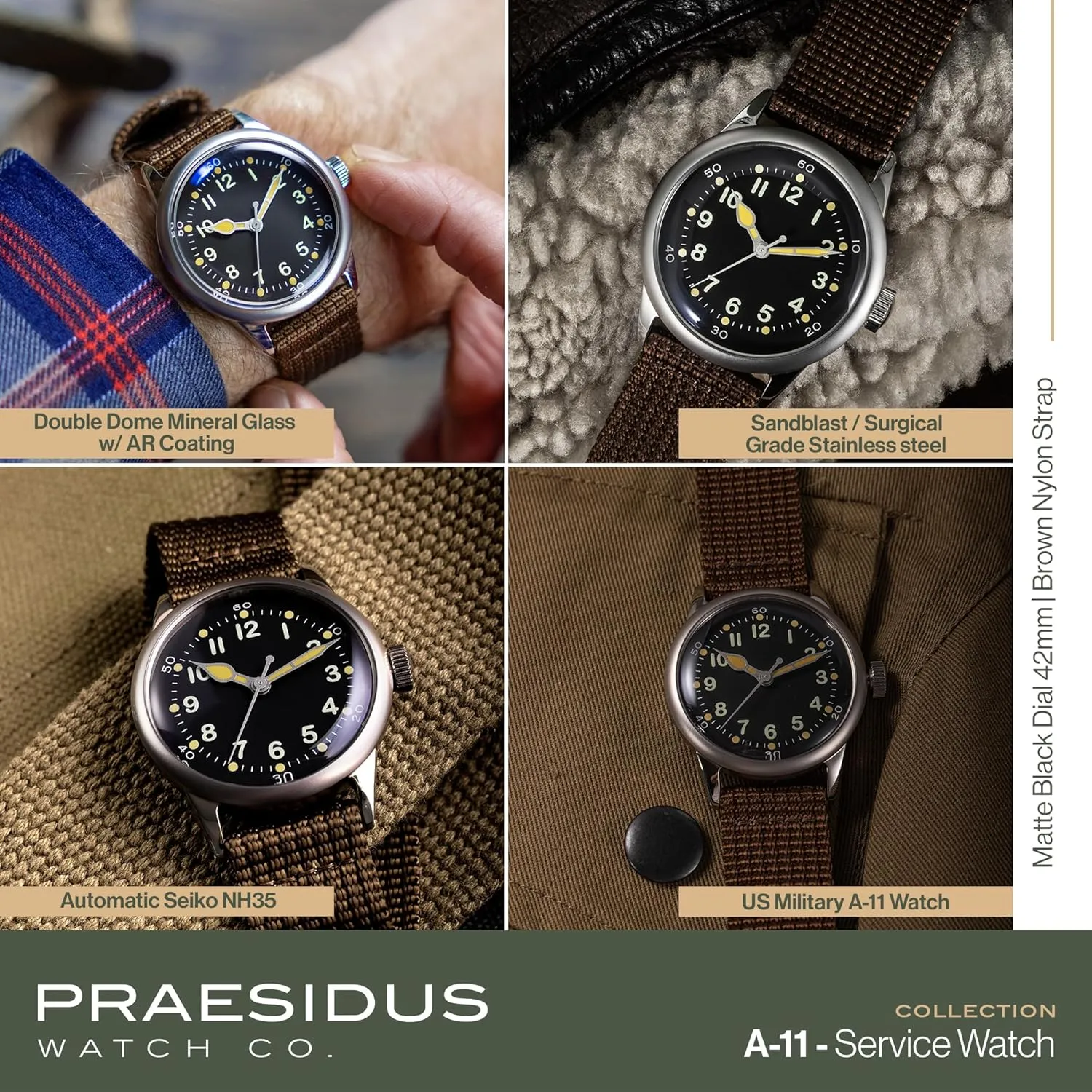 A-11 Service Watch Men's Military Automatic Watch, 38mm/42mm Stainless Steel Case, 50M Water Resistance, Black/Beige Dial with Green/White Lume, Black/Brown/Green Leather/Canvas/Nylon Strap, Combat Tactical Field Spec Ops Commemorative Vintage