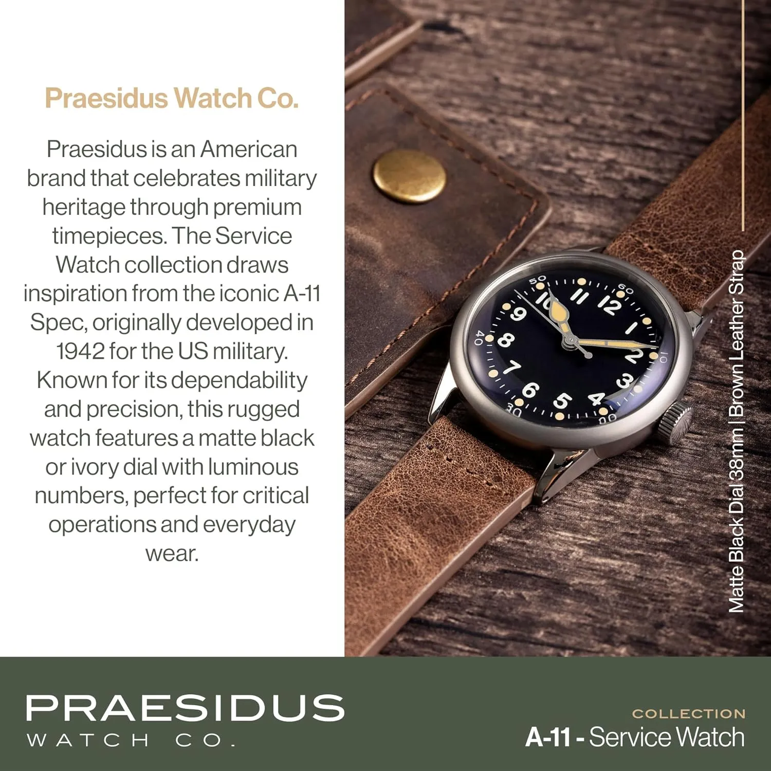 A-11 Service Watch Men's Military Automatic Watch, 38mm/42mm Stainless Steel Case, 50M Water Resistance, Black/Beige Dial with Green/White Lume, Black/Brown/Green Leather/Canvas/Nylon Strap, Combat Tactical Field Spec Ops Commemorative Vintage