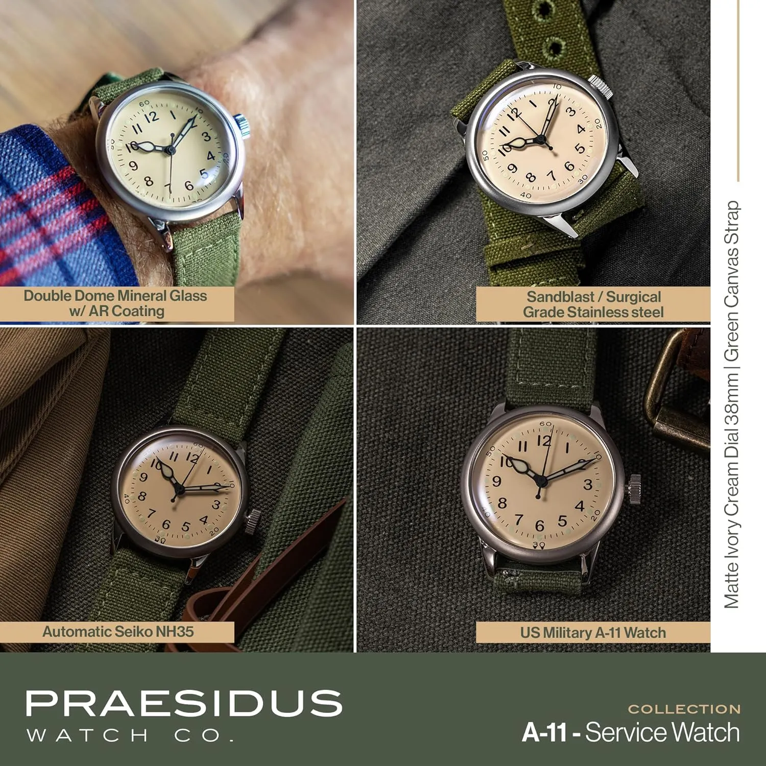A-11 Service Watch Men's Military Automatic Watch, 38mm/42mm Stainless Steel Case, 50M Water Resistance, Black/Beige Dial with Green/White Lume, Black/Brown/Green Leather/Canvas/Nylon Strap, Combat Tactical Field Spec Ops Commemorative Vintage