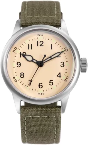 A-11 Service Watch Men's Military Automatic Watch, 38mm/42mm Stainless Steel Case, 50M Water Resistance, Black/Beige Dial with Green/White Lume, Black/Brown/Green Leather/Canvas/Nylon Strap, Combat Tactical Field Spec Ops Commemorative Vintage