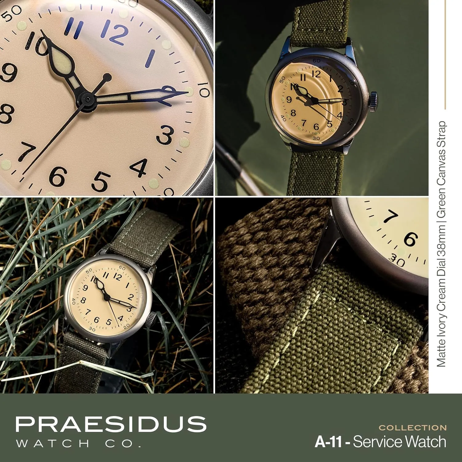 A-11 Service Watch Men's Military Automatic Watch, 38mm/42mm Stainless Steel Case, 50M Water Resistance, Black/Beige Dial with Green/White Lume, Black/Brown/Green Leather/Canvas/Nylon Strap, Combat Tactical Field Spec Ops Commemorative Vintage