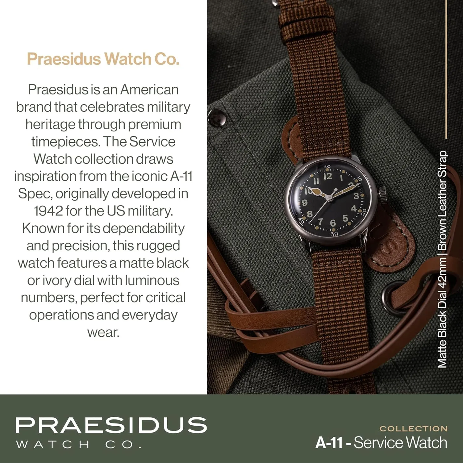 A-11 Service Watch Men's Military Automatic Watch, 38mm/42mm Stainless Steel Case, 50M Water Resistance, Black/Beige Dial with Green/White Lume, Black/Brown/Green Leather/Canvas/Nylon Strap, Combat Tactical Field Spec Ops Commemorative Vintage