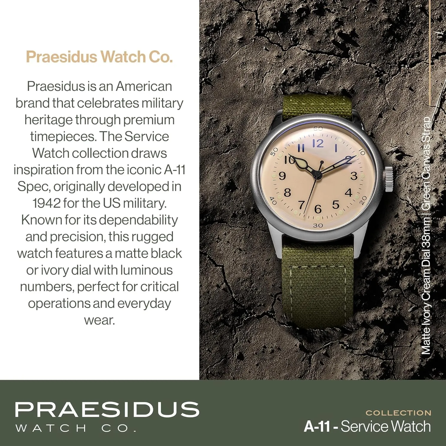 A-11 Service Watch Men's Military Automatic Watch, 38mm/42mm Stainless Steel Case, 50M Water Resistance, Black/Beige Dial with Green/White Lume, Black/Brown/Green Leather/Canvas/Nylon Strap, Combat Tactical Field Spec Ops Commemorative Vintage