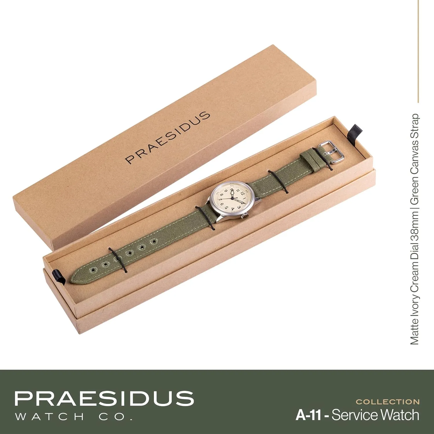 A-11 Service Watch Men's Military Automatic Watch, 38mm/42mm Stainless Steel Case, 50M Water Resistance, Black/Beige Dial with Green/White Lume, Black/Brown/Green Leather/Canvas/Nylon Strap, Combat Tactical Field Spec Ops Commemorative Vintage