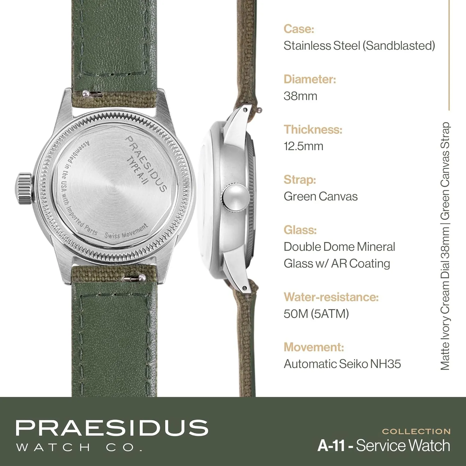 A-11 Service Watch Men's Military Automatic Watch, 38mm/42mm Stainless Steel Case, 50M Water Resistance, Black/Beige Dial with Green/White Lume, Black/Brown/Green Leather/Canvas/Nylon Strap, Combat Tactical Field Spec Ops Commemorative Vintage