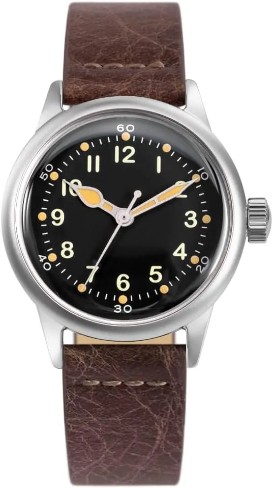 A-11 Service Watch Men's Military Automatic Watch, 38mm/42mm Stainless Steel Case, 50M Water Resistance, Black/Beige Dial with Green/White Lume, Black/Brown/Green Leather/Canvas/Nylon Strap, Combat Tactical Field Spec Ops Commemorative Vintage