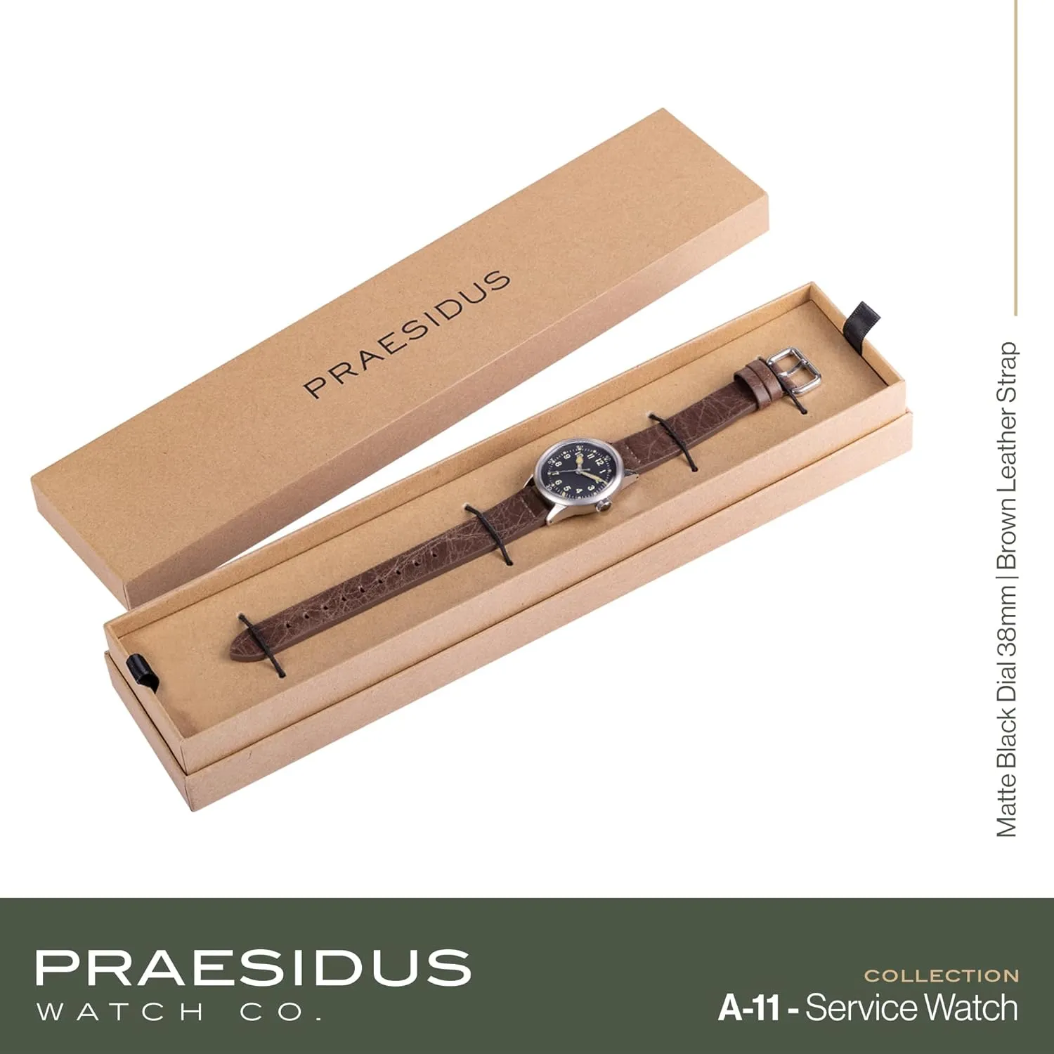 A-11 Service Watch Men's Military Automatic Watch, 38mm/42mm Stainless Steel Case, 50M Water Resistance, Black/Beige Dial with Green/White Lume, Black/Brown/Green Leather/Canvas/Nylon Strap, Combat Tactical Field Spec Ops Commemorative Vintage