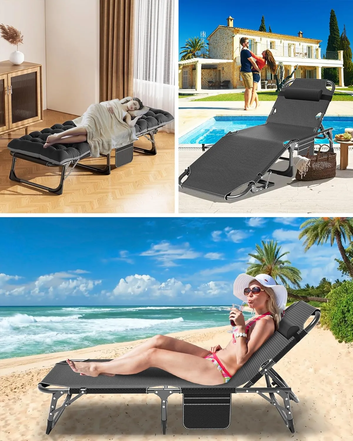 ABORON Foldable Camping Cots for Adults, Double Layer 1200D 500lb Loading Cot for Sleeping, Heavy Duty Guest Bed with Mattress Carrying Bag (1, Cloud Gray pad & Lounger -Abyssal Noir)