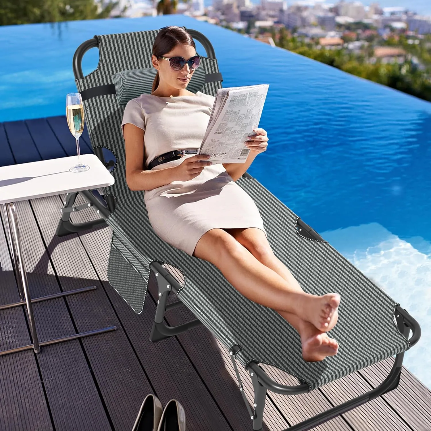 ABORON Foldable Camping Cots for Adults, Double Layer 1200D 500lb Loading Cot for Sleeping, Heavy Duty Guest Bed with Mattress Carrying Bag (1, Cloud Gray pad & Lounger -Abyssal Noir)