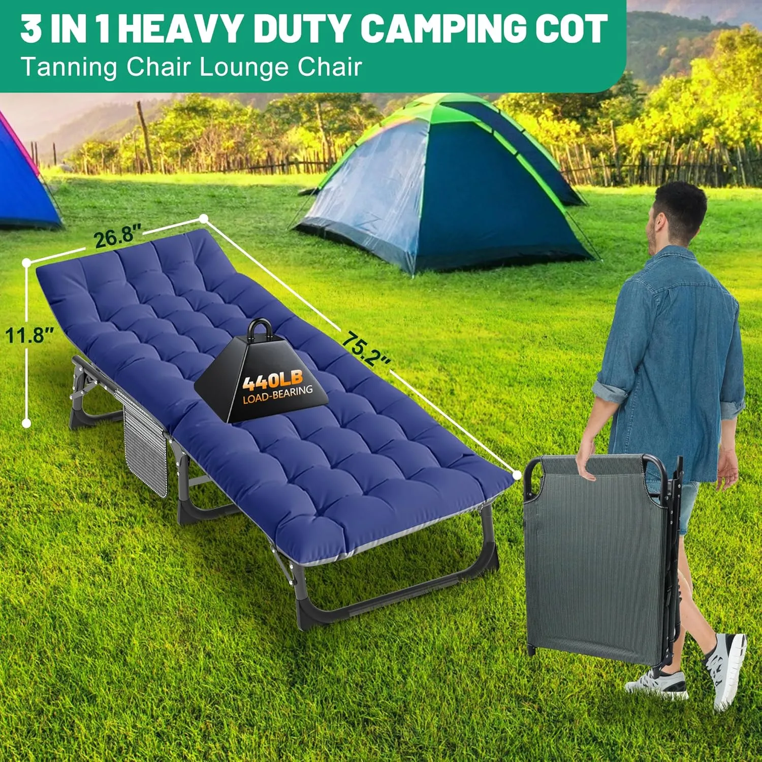 ABORON Foldable Camping Cots for Adults, Double Layer 1200D 500lb Loading Cot for Sleeping, Heavy Duty Guest Bed with Mattress Carrying Bag (1, Cloud Gray pad & Lounger -Abyssal Noir)
