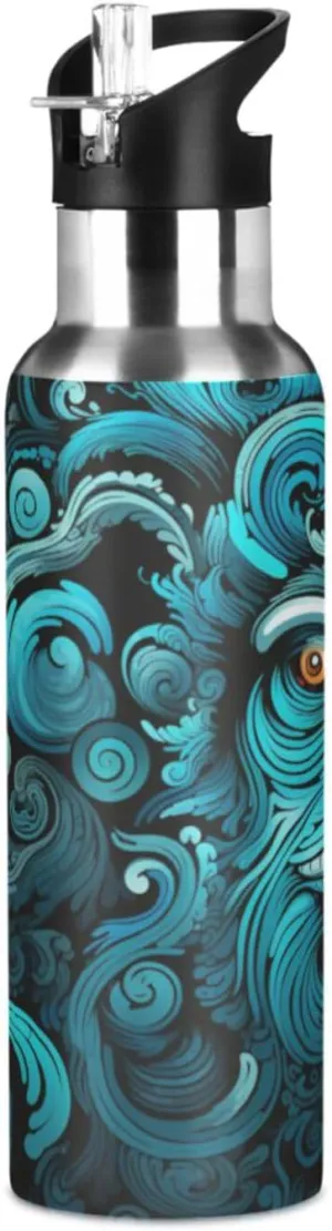 Abstract Art Blue Monkey Sport Water Bottle Insulated Stainless Steel Large Vacuum Flask Leak Proof Thermos with Straw for Travel(600ml/1000ml)