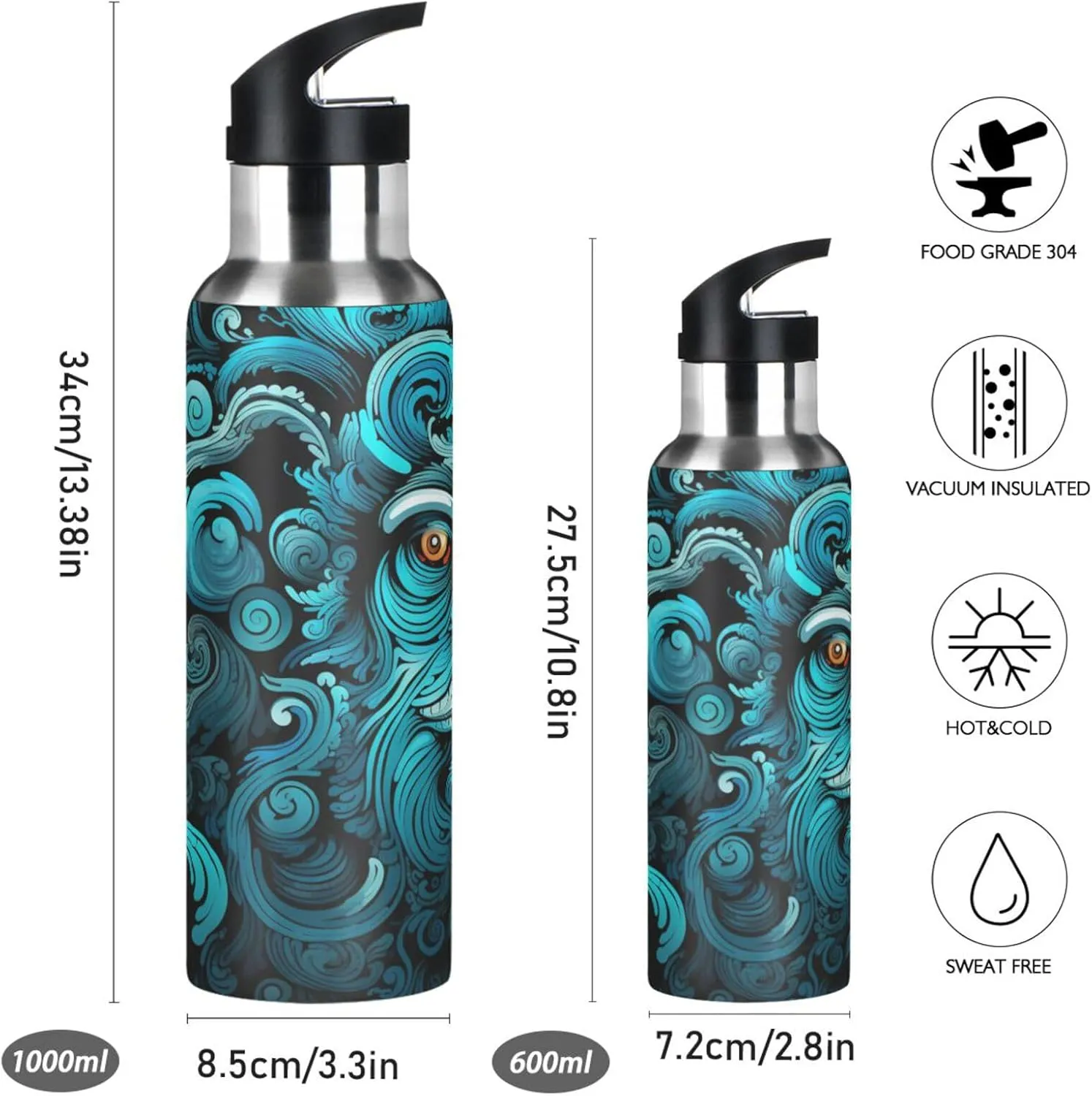 Abstract Art Blue Monkey Sport Water Bottle Insulated Stainless Steel Large Vacuum Flask Leak Proof Thermos with Straw for Travel(600ml/1000ml)