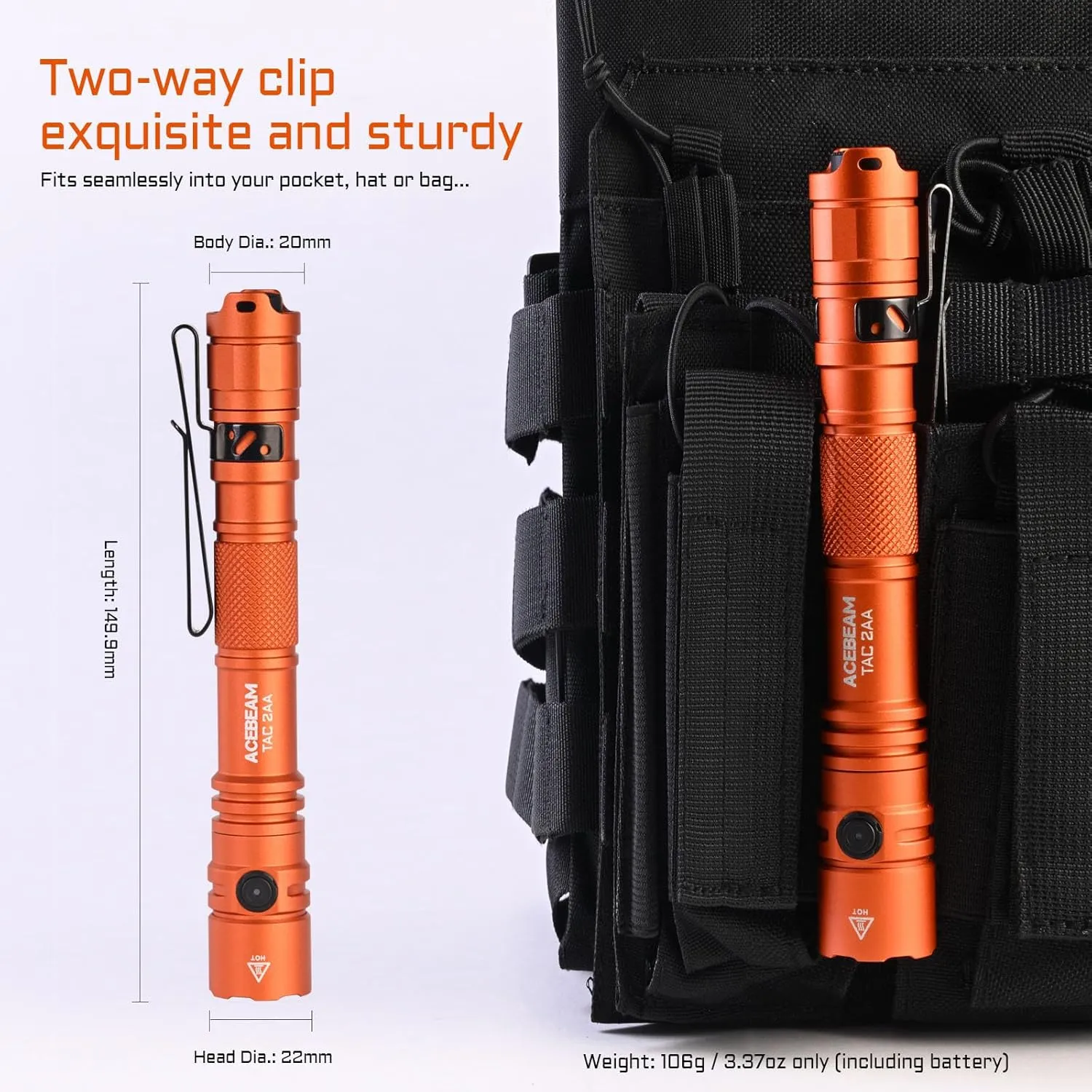 ACEBEAM TAC 2AA EDC Tactical Dual Modes Flashlight Rechargeable, 1600 High Lumens Flashlight, Dual Switch Pocket LED Flashlight, Super Bright Small Flash Light for Emergency, Camping, Home