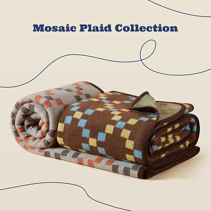 ACUSHLA Merino Wool Blanket - Soft Warm Thick Washable Large Throw Blanket for Camping Bed Couch Outdoor Travel All Weather, Mosaic Plaid Grey 79X63