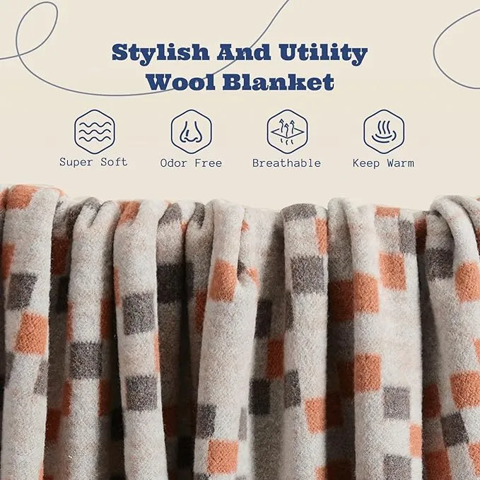 ACUSHLA Merino Wool Blanket - Soft Warm Thick Washable Large Throw Blanket for Camping Bed Couch Outdoor Travel All Weather, Mosaic Plaid Grey 79X63