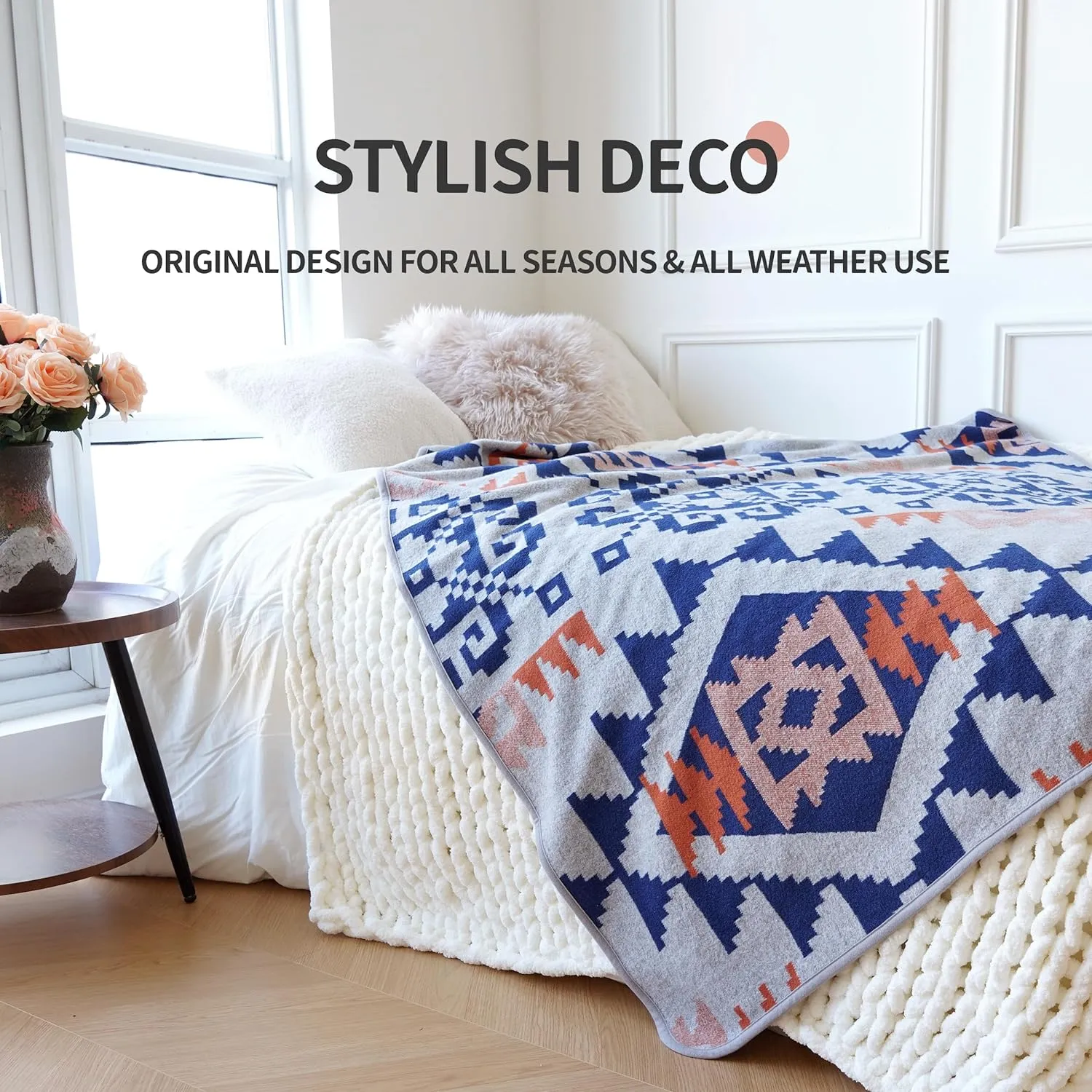 ACUSHLA Merino Wool Camp Blanket - Warm Thick Washable Large Outdoor Camping Sleeping Throw Blanket All Weather, Aztec Grey 79X63