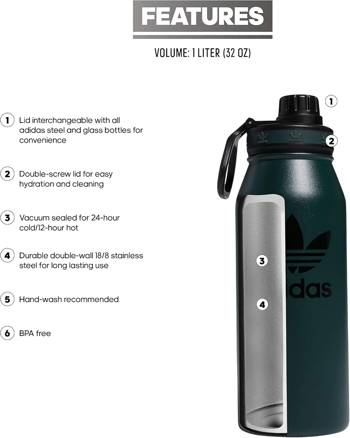 adidas Originals 1 Liter (32 oz) Metal Water Bottle, Hot/Cold Double-Walled Insulated 18/8 Stainless Steel