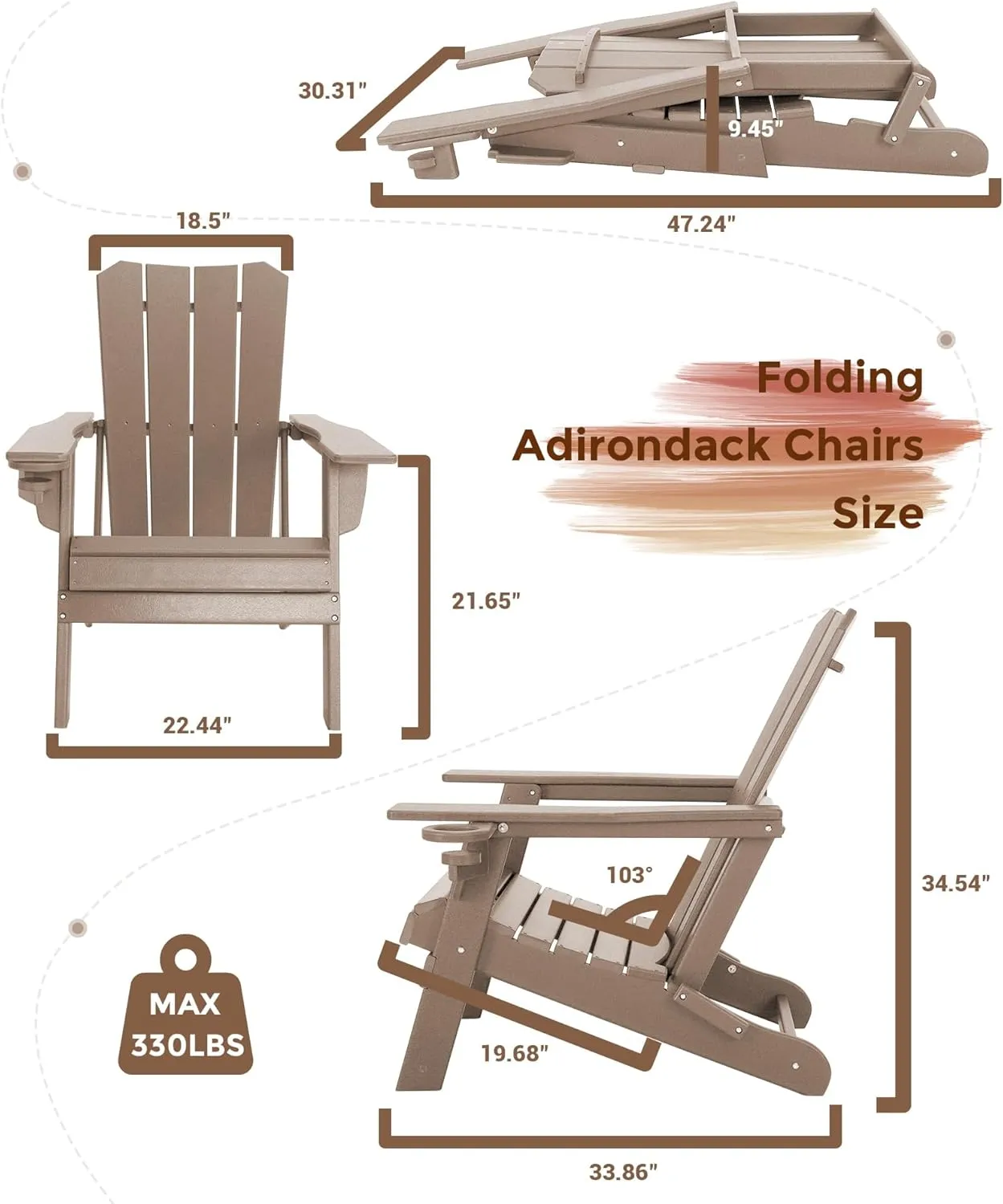 Adirondack Chair Oversized Folding Adirondack Chairs Recyclable HDPE Modern Adirondack Chair with Cup Holder Poly Lumber Patio Chairs for Pool Patio Garden Outdoors Fire Pit Teak