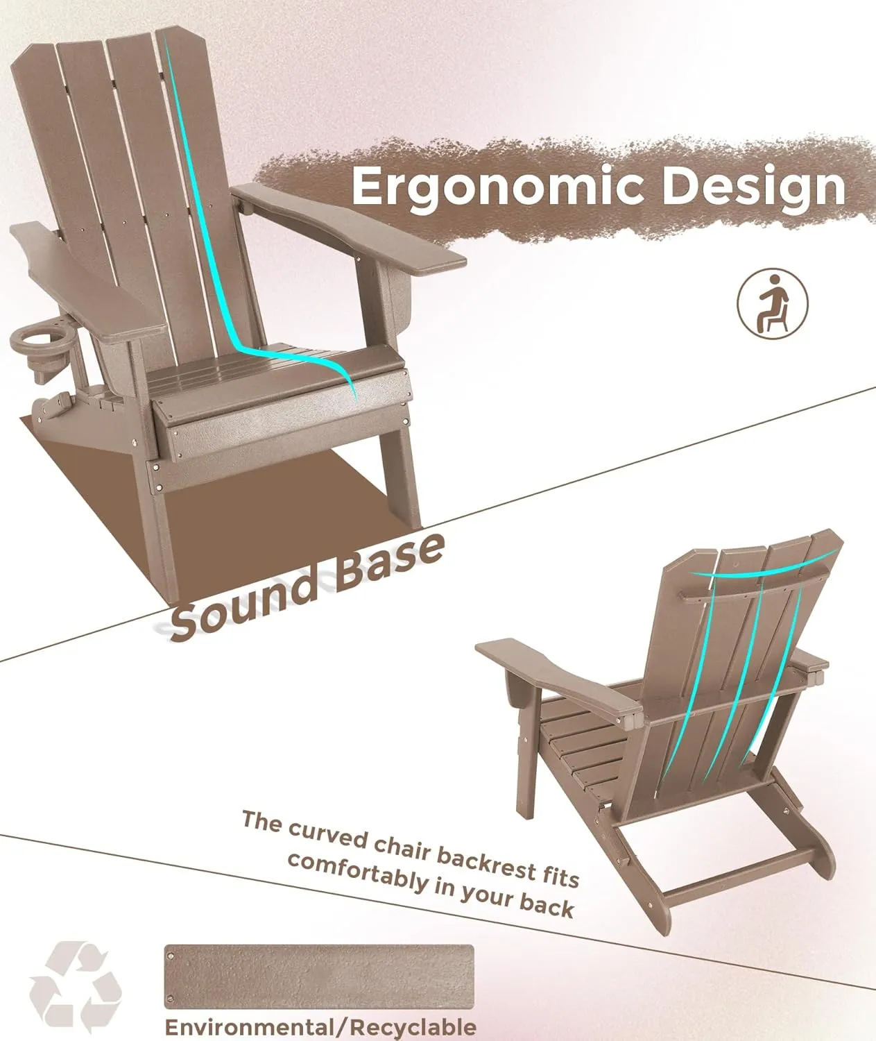 Adirondack Chair Oversized Folding Adirondack Chairs Recyclable HDPE Modern Adirondack Chair with Cup Holder Poly Lumber Patio Chairs for Pool Patio Garden Outdoors Fire Pit Teak