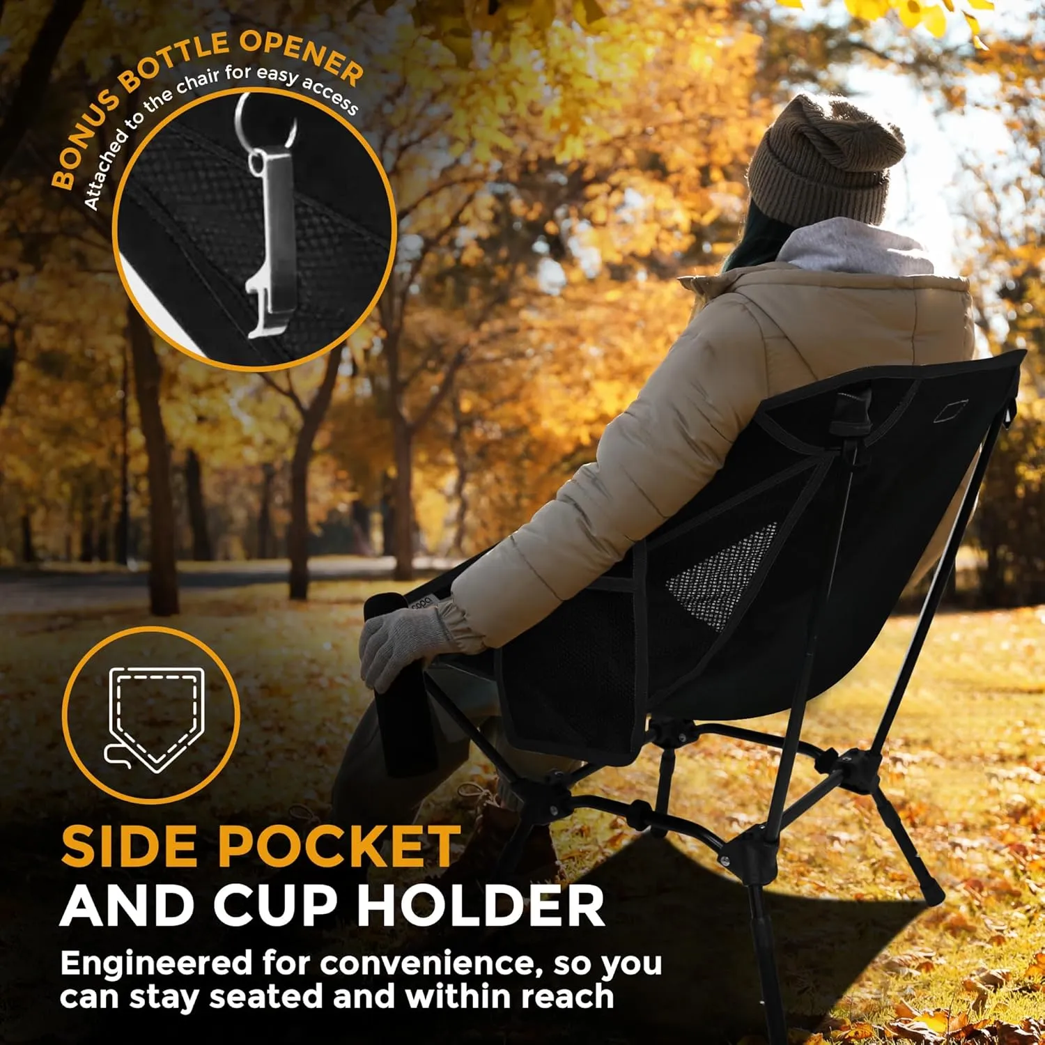 Adjustable Folding Camping Chairs, Ultra Light Backpacking Chair, Portable Folding Chair with Side Pocket and Cup Holder Bonus Bottle Opener Camping Chair (Black)