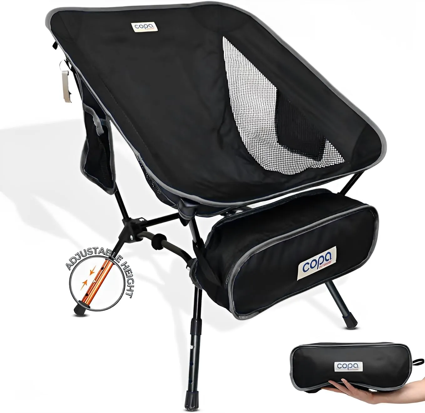 Adjustable Folding Camping Chairs, Ultra Light Backpacking Chair, Portable Folding Chair with Side Pocket and Cup Holder Bonus Bottle Opener Camping Chair (Black)