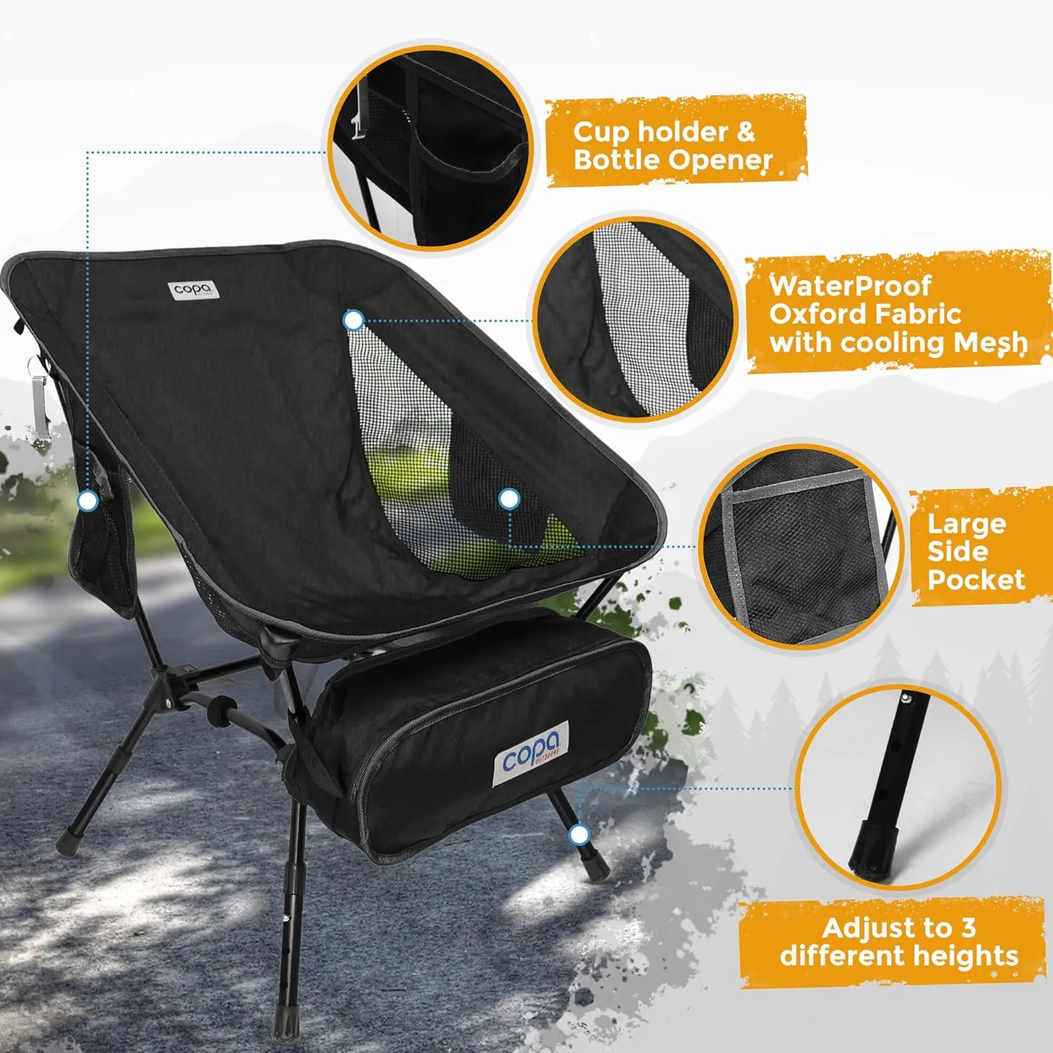 Adjustable Folding Camping Chairs, Ultra Light Backpacking Chair, Portable Folding Chair with Side Pocket and Cup Holder Bonus Bottle Opener Camping Chair (Black)