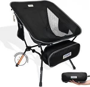 Adjustable Folding Camping Chairs, Ultra Light Backpacking Chair, Portable Folding Chair with Side Pocket and Cup Holder Bonus Bottle Opener Camping Chair (Black)