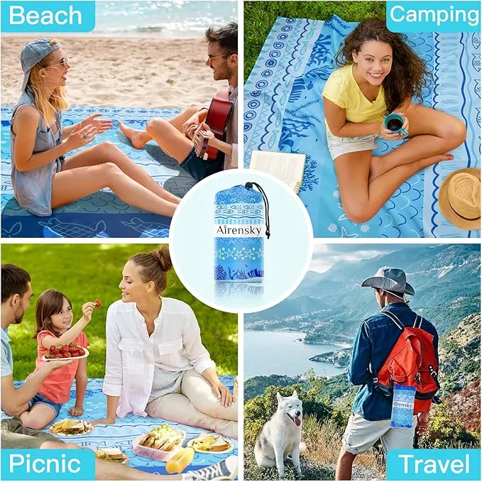 Airensky Beach Blanket, Sandproof Beach Mat 79" X 82" for 4-7 Adults, Large Waterproof Beach Blanket Quick Drying Lightweight Beach Blanket with 4 Stakes for Travel Camping Hiking(Blue Sea World)