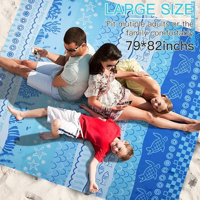 Airensky Beach Blanket, Sandproof Beach Mat 79" X 82" for 4-7 Adults, Large Waterproof Beach Blanket Quick Drying Lightweight Beach Blanket with 4 Stakes for Travel Camping Hiking(Blue Sea World)