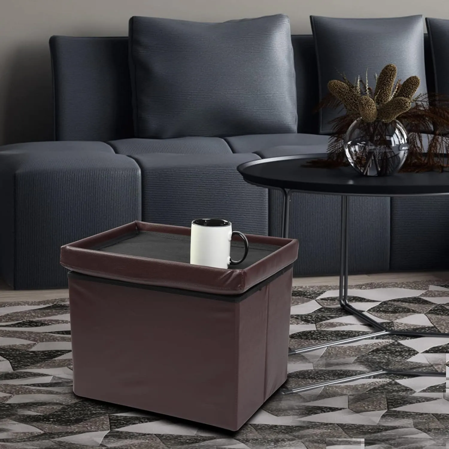 ALASDO Brown Leather Storage Ottoman Footrest Stool, 17x13x13inches, Modern Style