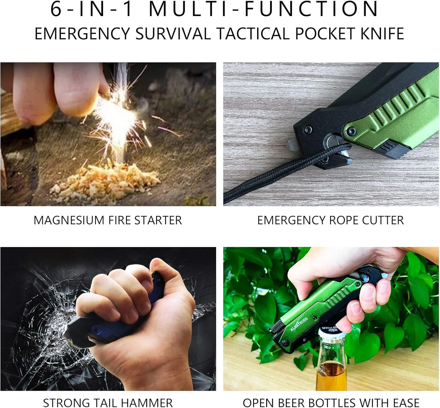 ALBATROSS Professional 6-in-1 Tactical Folding Knife - Survival Multi-Tool with LED Flashlight, Glass Breaker, Fire Starter, Seatbelt cutter - EDC Pocket Knife for Camping, Hunting & Emergency (Green)