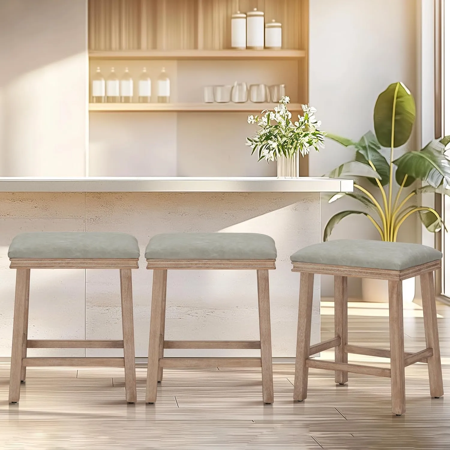 ALPHA HOME 24" Bar Stools Set of 1, Solid Wood Kitchen Stools with PU Leather Cushion Counter Height Bar Stools for Indoor, Grey Seat and Wooden Legs, 1PCS