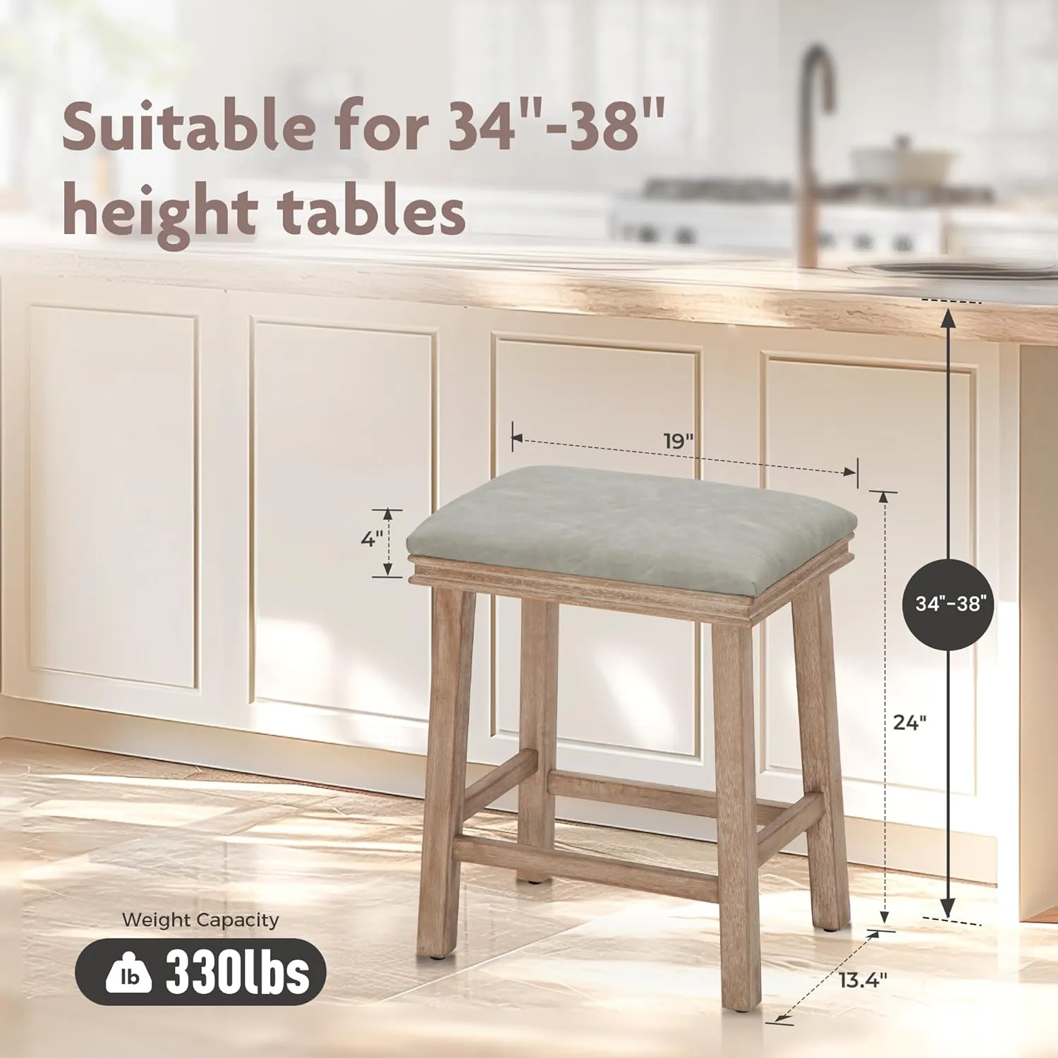 ALPHA HOME 24" Bar Stools Set of 1, Solid Wood Kitchen Stools with PU Leather Cushion Counter Height Bar Stools for Indoor, Grey Seat and Wooden Legs, 1PCS