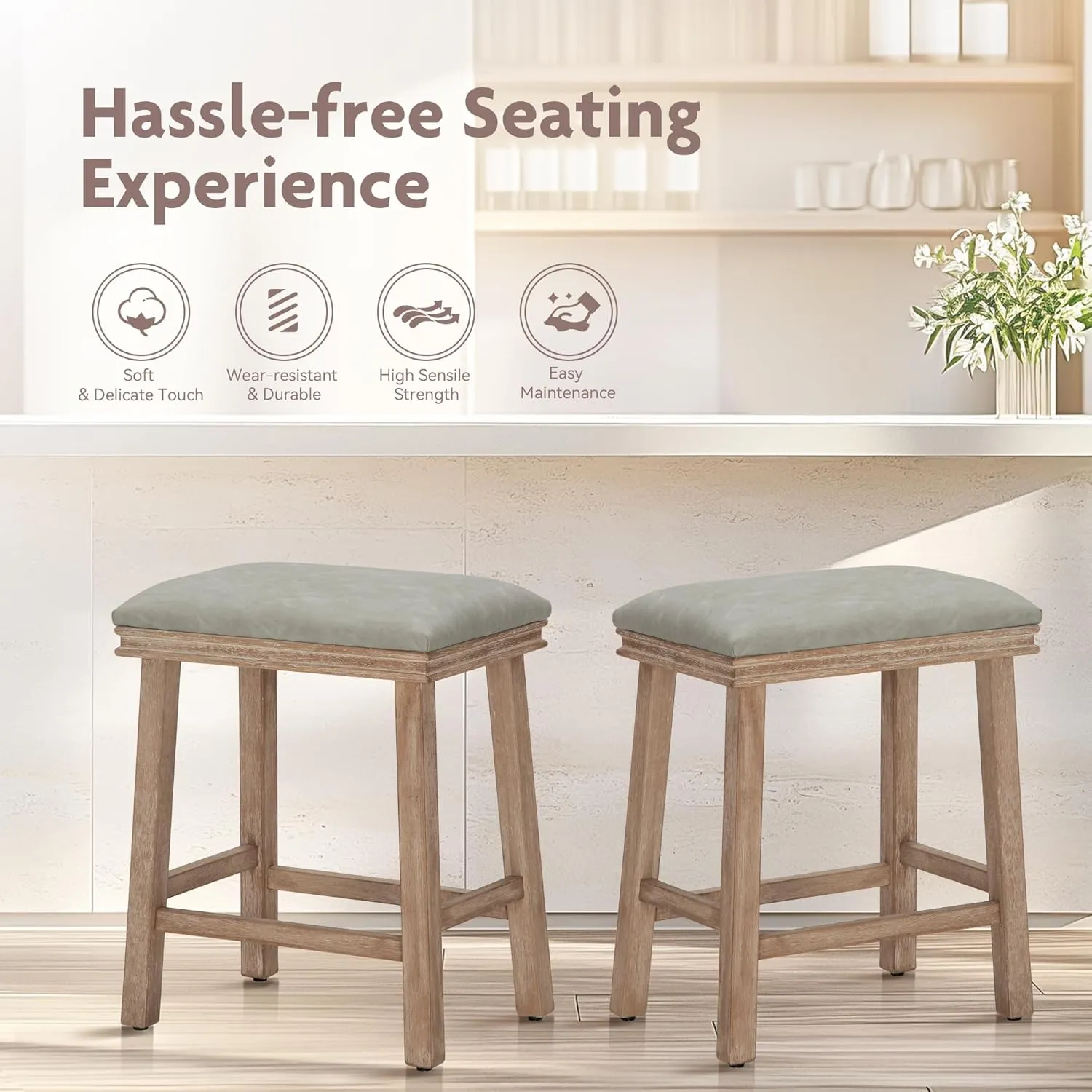 ALPHA HOME 24" Bar Stools Set of 1, Solid Wood Kitchen Stools with PU Leather Cushion Counter Height Bar Stools for Indoor, Grey Seat and Wooden Legs, 1PCS