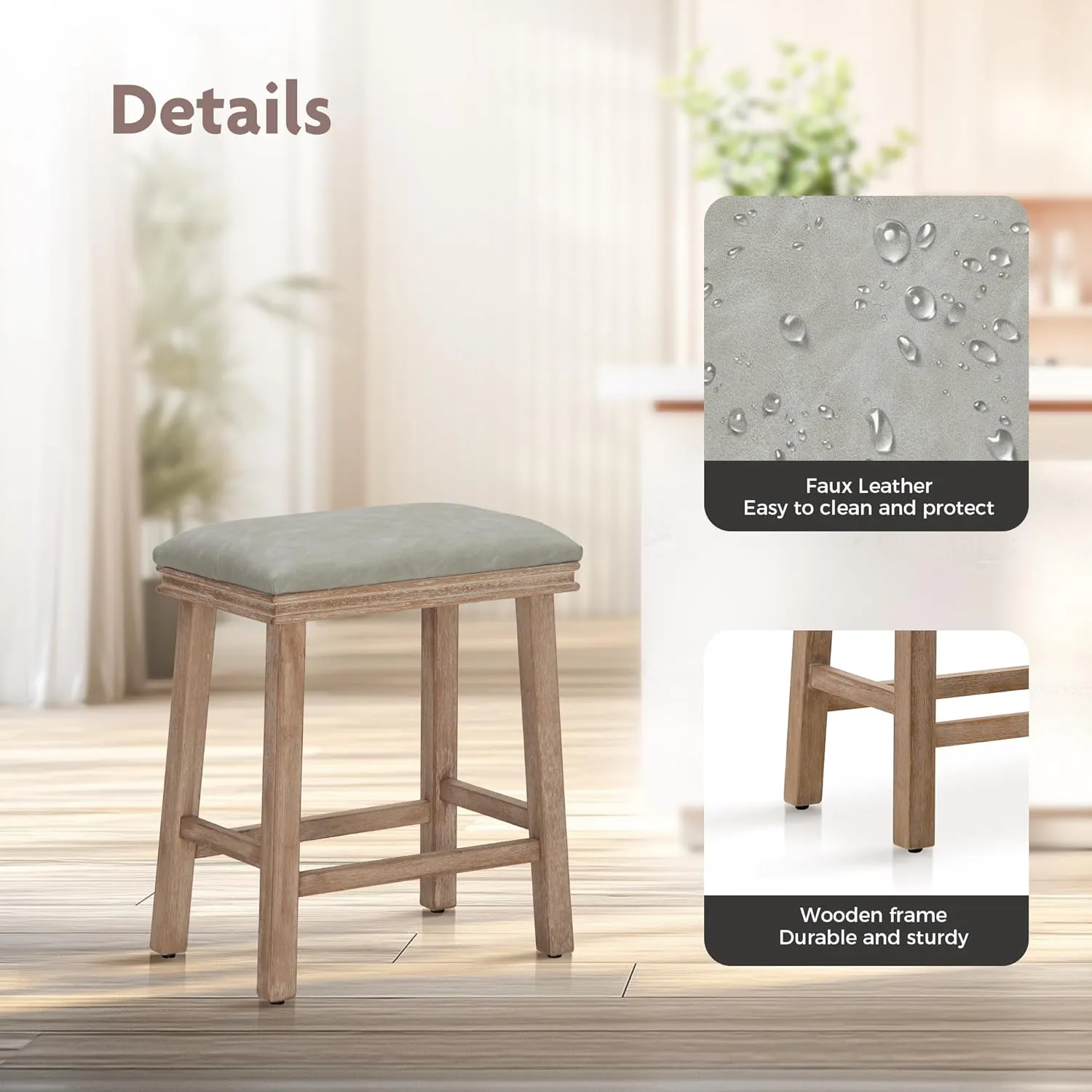 ALPHA HOME 24" Bar Stools Set of 1, Solid Wood Kitchen Stools with PU Leather Cushion Counter Height Bar Stools for Indoor, Grey Seat and Wooden Legs, 1PCS