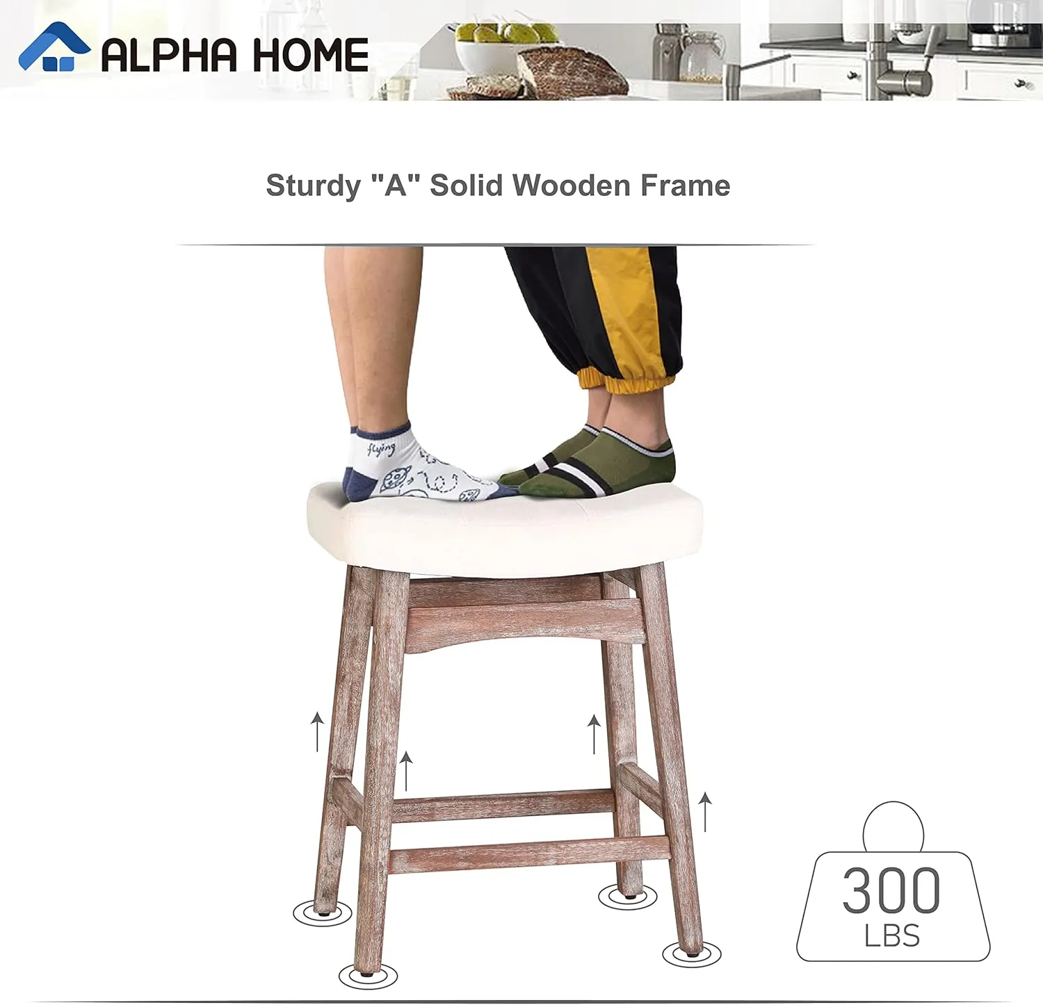 ALPHA HOME Bar Stools Set of 2, Solid Wood Saddle Kitchen Stools with Beige Linen Fabric Cushion Counter Height Barstools with Vintage Farm Wooden Base for Kitchen Dining Cafe, 24 Inch, Beige, 2PCS