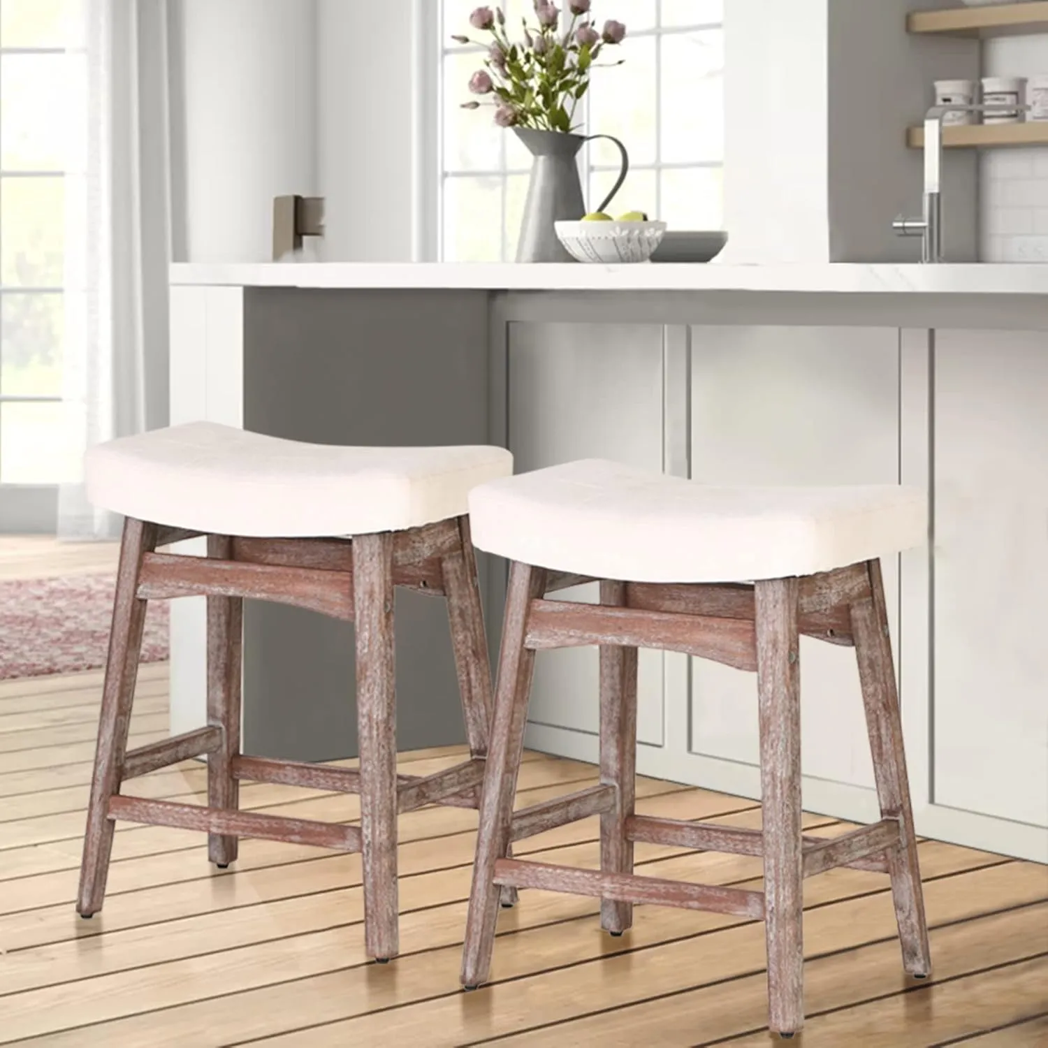 ALPHA HOME Bar Stools Set of 2, Solid Wood Saddle Kitchen Stools with Beige Linen Fabric Cushion Counter Height Barstools with Vintage Farm Wooden Base for Kitchen Dining Cafe, 24 Inch, Beige, 2PCS