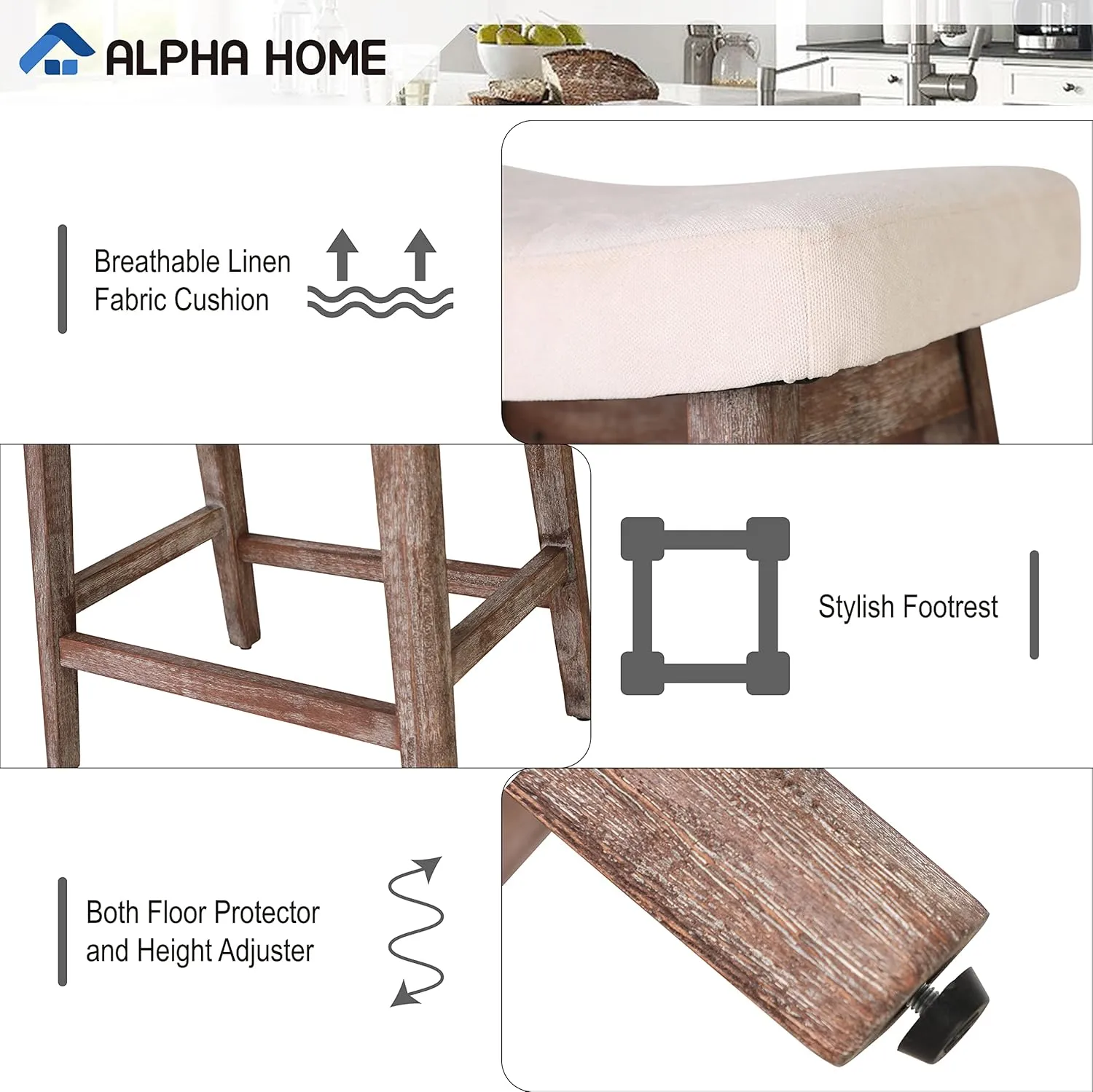 ALPHA HOME Bar Stools Set of 2, Solid Wood Saddle Kitchen Stools with Beige Linen Fabric Cushion Counter Height Barstools with Vintage Farm Wooden Base for Kitchen Dining Cafe, 24 Inch, Beige, 2PCS