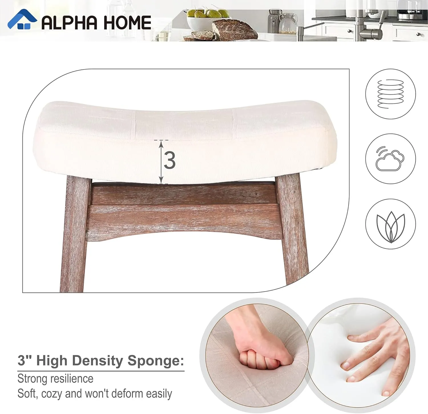 ALPHA HOME Bar Stools Set of 2, Solid Wood Saddle Kitchen Stools with Beige Linen Fabric Cushion Counter Height Barstools with Vintage Farm Wooden Base for Kitchen Dining Cafe, 24 Inch, Beige, 2PCS