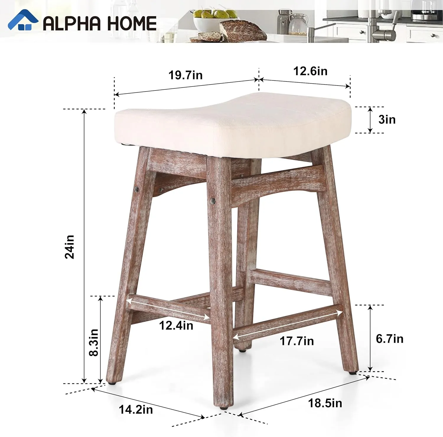 ALPHA HOME Bar Stools Set of 2, Solid Wood Saddle Kitchen Stools with Beige Linen Fabric Cushion Counter Height Barstools with Vintage Farm Wooden Base for Kitchen Dining Cafe, 24 Inch, Beige, 2PCS